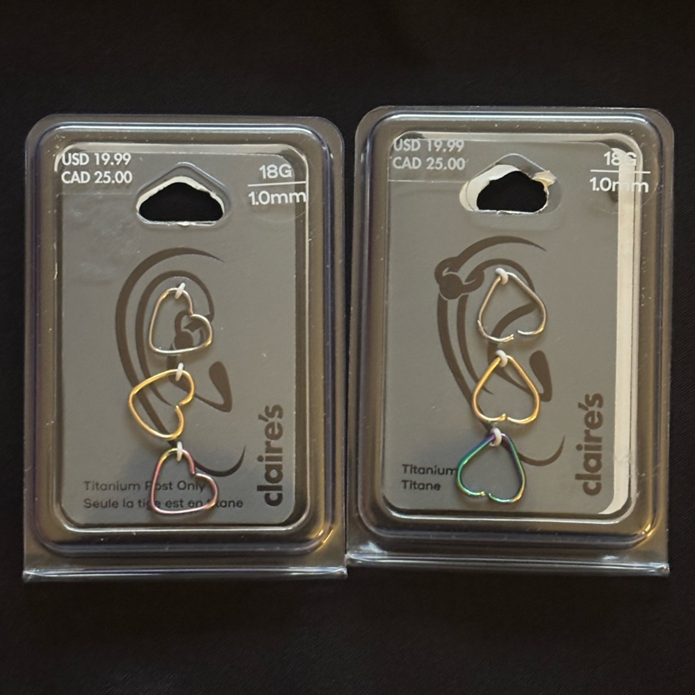 lot of 2 3-piece titanium heart-shaped cartilage hoop sets 18g NWT